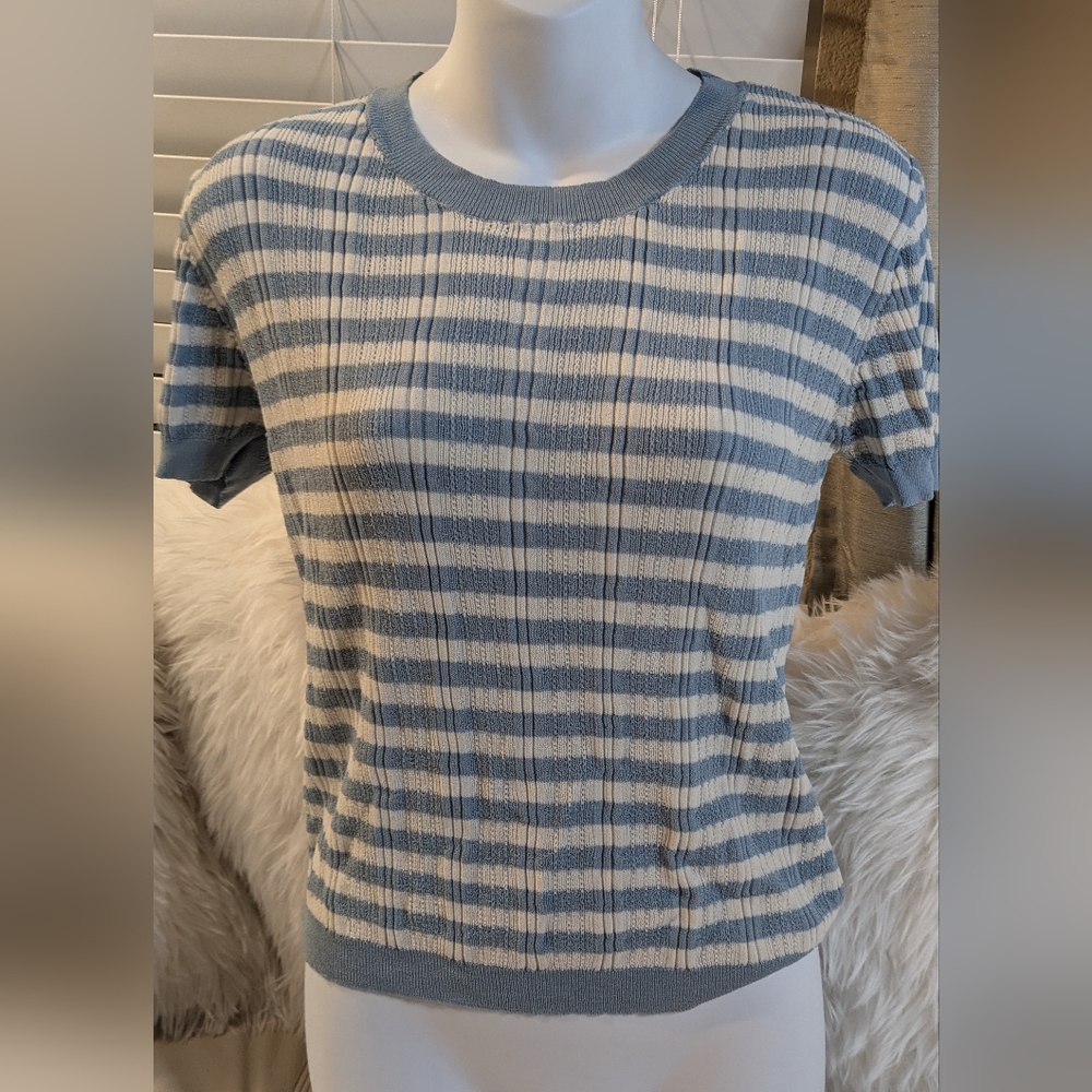 Summer Powder blue and white stripe short sleeve sweater top blouse M/L